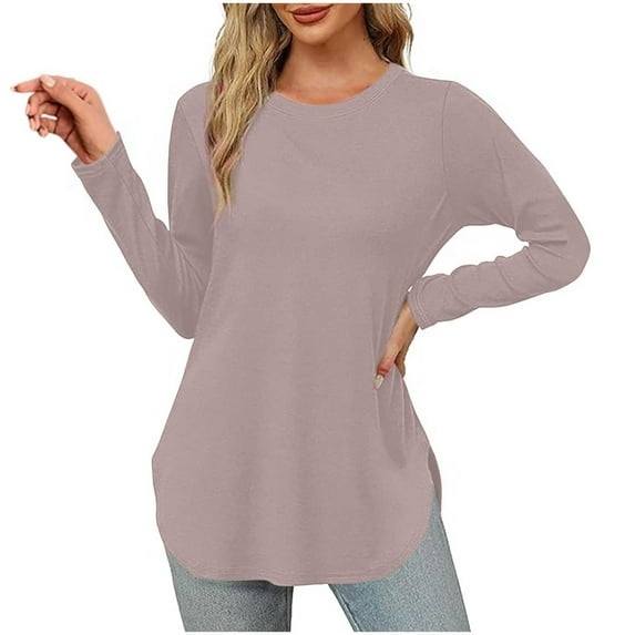 Olyvenn Women's Long Sleeve Tunic Tops 2025 Crew Neck Casual Tops Side Split Shirts Solid Spring Fashion Pullover Tops Gray 12