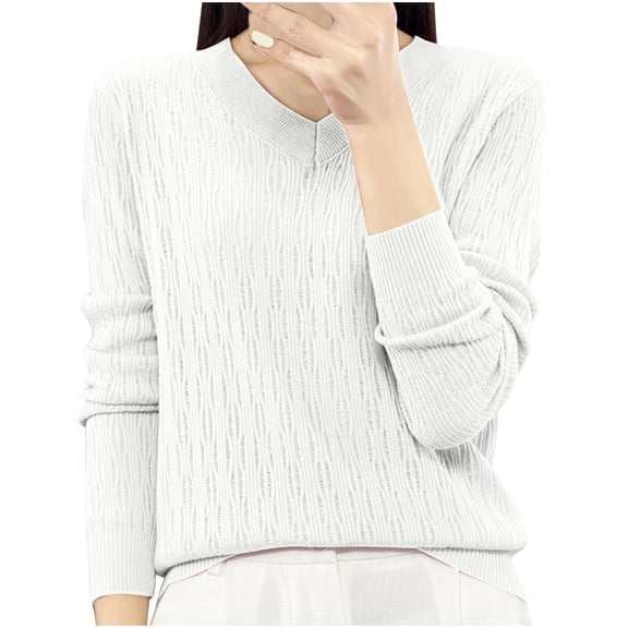 Olyvenn Women's Long Sleeve V Neck Pullover Tops Trendy Solid Knitted Loose Jumper Sweaters Classic Soft Cozy Basic Sweater White XL