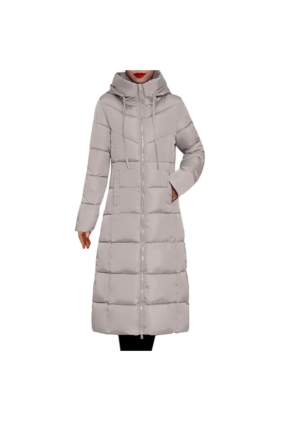 Women's Long Stand Collar Quilted Puffer Jacket, Full Zip Casual Long Sleeve Padded Down Winter Coat Outwear with Hood Khaki M