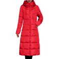 thumbnail image 1 of Olyvenn Women's Long Stand Collar Quilted Puffer Jacket, Full Zip Casual Long Sleeve Padded Down Winter Coat Outwear with Hood Red L, 1 of 4