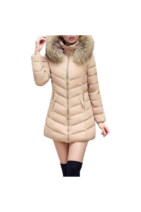 Women's Long Winter Faux Fur Puffer Quilted Coat with Pocket Hooded Zip Up Padded Down Long Sleeve Thick Jacket Beige XXXL