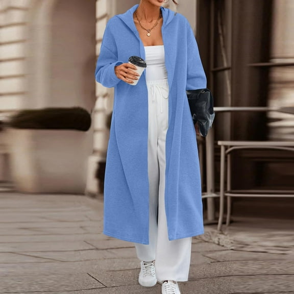Olyvenn Women's Longline Hooded Cardigan Soft Fabric Side Pockets Open Front Casual Fashion Outerwear Daily Wear Lightweight Sweater Cozy Layering Light Blue XL
