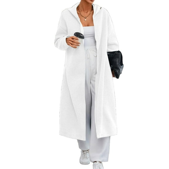 Olyvenn Women's Longline Hooded Cardigan Soft Fabric Side Pockets Open Front Casual Fashion Outerwear Daily Wear Lightweight Sweater Cozy Layering White L