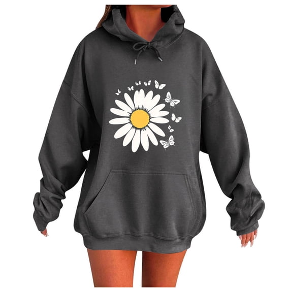 Olyvenn Women's Loose Fit Hooded Floral Sweatshirt Vintage Long Sleeve Crew Neck Pullover Top Comfortable Casual Fall Drawstring Hoodies Dark Gray XXL