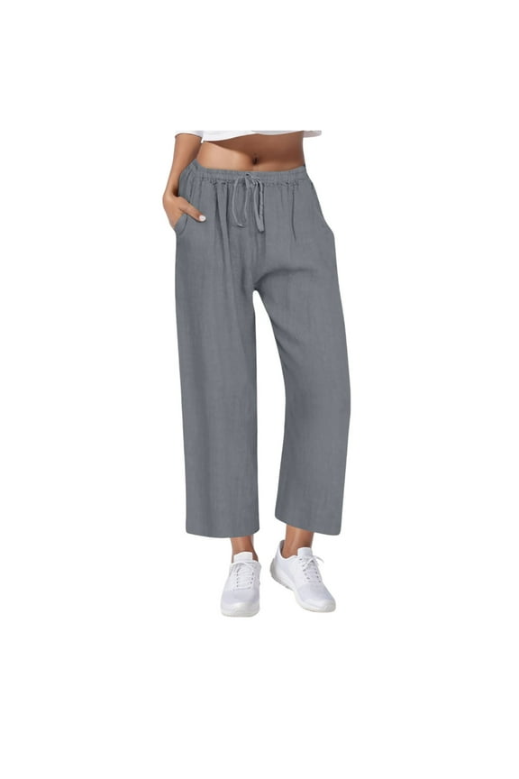 Women's Loose Fit Linen Blend Palazzo Pants with Pockets Drawstring Elastic Waist Wide Leg Cropped Trousers Summer Beach Yoga Pants Gray 4