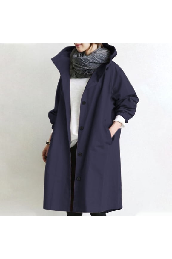 Women's Loose Stand Collar Long Trench Coat, Button Front Pockets Lightweight Windproof Casual Outerwear Navy S