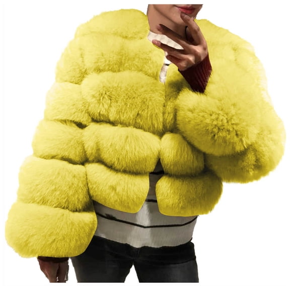 Olyvenn Women's Luxury Fluffy Faux Fur Winter Coats, Open Front Shaggy Furry Outerwear Long Sleeve Fuzzy Warm Overcoat Jackets Yellow L