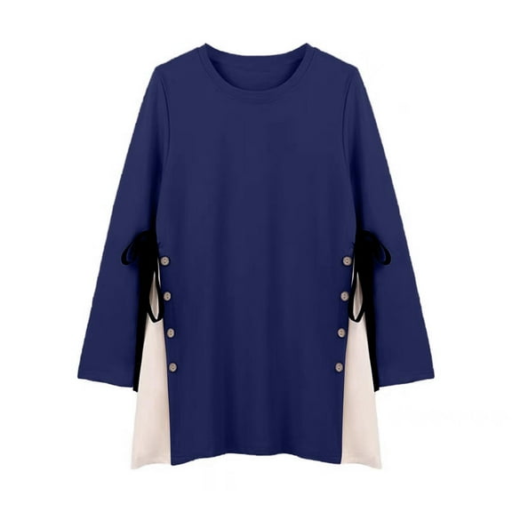 Olyvenn Women's Maternity Cotton Sweatshirts Maternity Soft Clothes Crew Neck Side Bow Button Design Shirts Pregnant Tops 2025 Navy 20-22