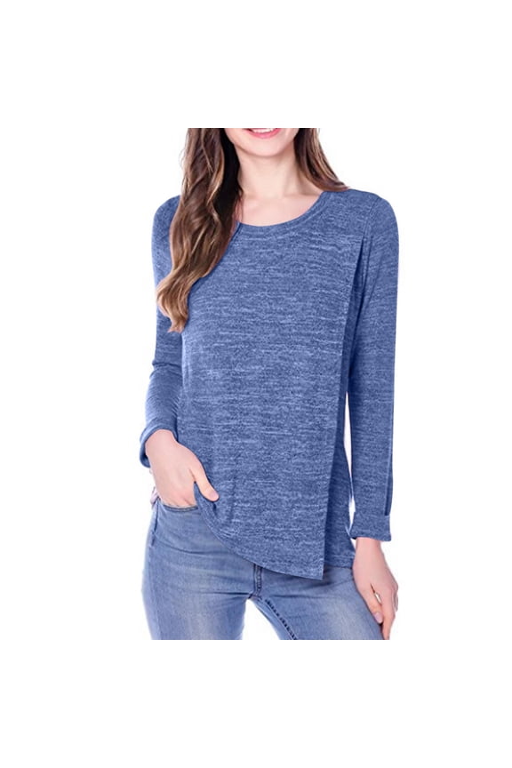 Women's Maternity Nursing Tops Solid Crew Neck Long Sleeve Tunic Blouse Casual Loose Fit Comfy Breastfeeding Blouse Blue 4
