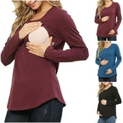 OLYVENN Women's Maternity Shirt Plus Size Long Sleeve Round Neck Pregnancy Clothes 2025 Casual Comfy Loose Basic Tunic Tops Black 12