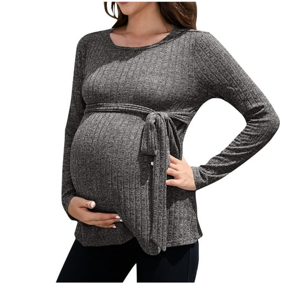 Olyvenn Women's Maternity Shirts Casual Long Sleeve Tie Front Ribbed Knit Pregnancy Tee Top Loungewear Loose Pregnant Blouses Dark Gray 4