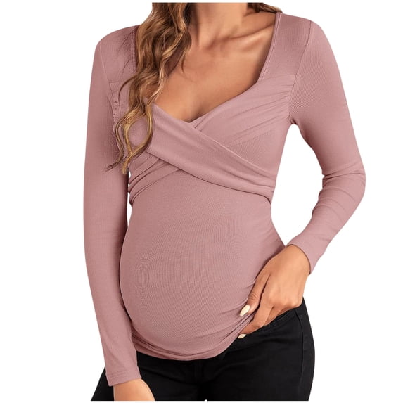 Olyvenn Women's Maternity Shirts Cross Wrap Sweetheart Neck Long Sleeve Ribbed Pregnancy Tee Tops Loungewear Loose Casual Blouse Pink 6