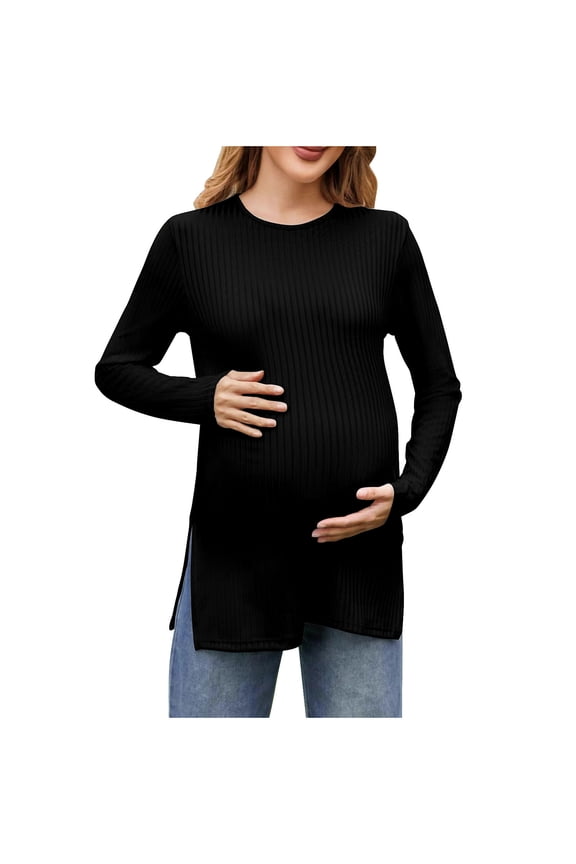 Women's Maternity Shirts Long Sleeve Split Side Pregnancy Tee Top Tunic Blouse Casual Pregnant Mama Clothes Pullover Black 4