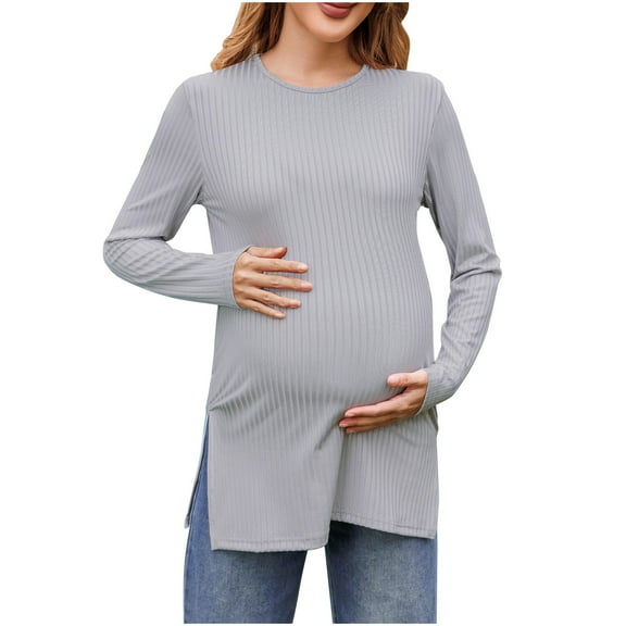 Olyvenn Women's Maternity Shirts Long Sleeve Split Side Pregnancy Tee Top Tunic Blouse Casual Pregnant Mama Clothes Pullover Gray 4