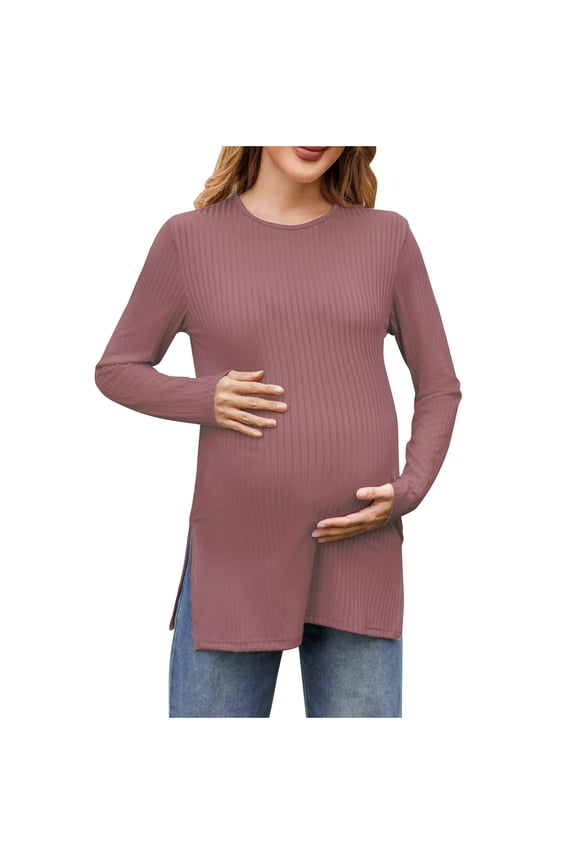 Women's Maternity Shirts Long Sleeve Split Side Pregnancy Tee Top Tunic Blouse Casual Pregnant Mama Clothes Pullover Pink 4