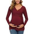 thumbnail image 1 of Olyvenn Women's Maternity Shirts Long Sleeve Tie Front Wrap Maternity Tops Wrap V Neck Blouse Cross Over Nursing Tshirt Wine 10, 1 of 6