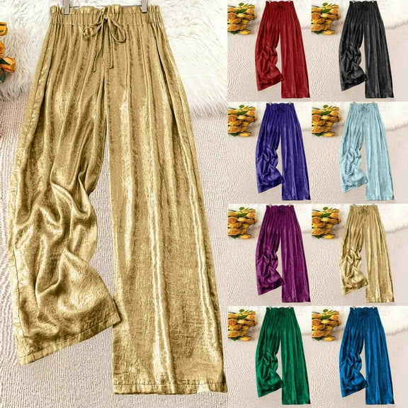 Olyvenn Women's Metallic High Elastic Waist Straight Leg Pants Drawstring Casual Party Nightout Clubwear Long Pants Black 20-22