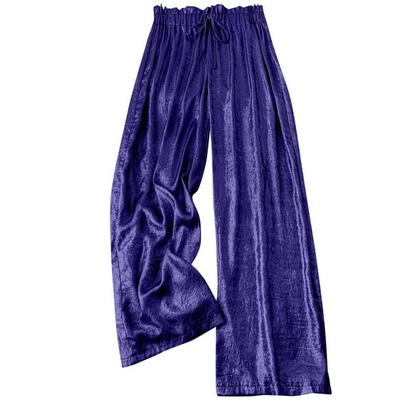 Olyvenn Women's Metallic High Elastic Waist Straight Leg Pants Drawstring Casual Party Nightout Clubwear Long Pants Dark Blue 12-14