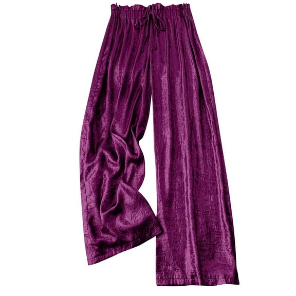 Olyvenn Women's Metallic High Elastic Waist Straight Leg Pants Drawstring Casual Party Nightout Clubwear Long Pants Purple 12-14