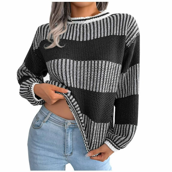 Olyvenn Women's Mock Neck Sweater Long Sleeve Color Block Fall Fashion Ribbed Knit Basic Cropped Pullover Sweater Black M