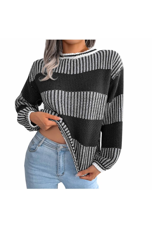 Women's Mock Neck Sweater Long Sleeve Color Block Fall Fashion Ribbed Knit Basic Cropped Pullover Sweater Black M