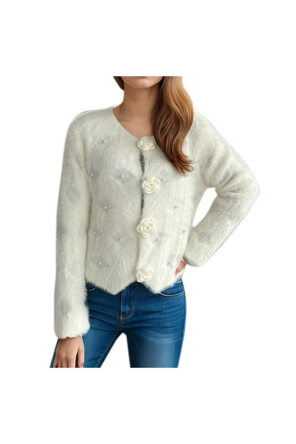Women's Mohair Sweater – Fuzzy Mohair Cardigan Pearl Soft Chunky Floral Button-Up Fuzzy Sweater for Women White M
