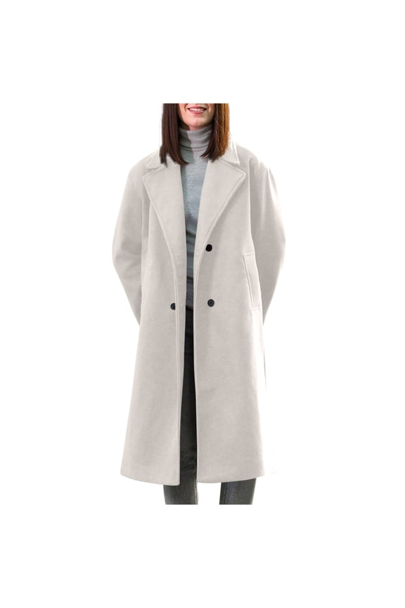 Women's Notched Collar Wool Blend Pea Coat Winter Double Breasted Trench Coat Long Oversized Button Down Overcoats Beige XS