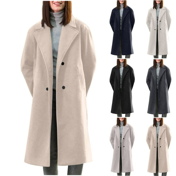 Olyvenn Women's Notched Collar Wool Blend Pea Coat Winter Double Breasted Trench Coat Long Oversized Button Down Overcoats Navy XS