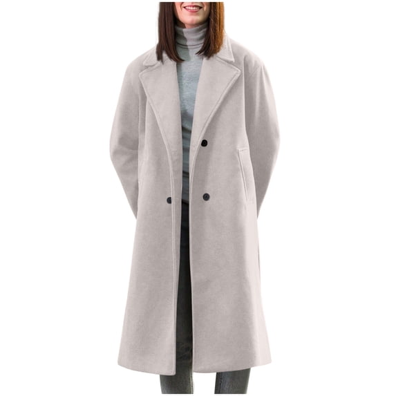 Olyvenn Women's Notched Collar Wool Blend Pea Coat Winter Double Breasted Trench Coat Long Oversized Button Down Overcoats Silver M