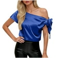 thumbnail image 1 of Olyvenn Women's Off Shoulder Silk Tops Elegant Casual Solid Short Sleeve Asymmetrical Neck Satin Blouse Shirts Blue S, 1 of 6