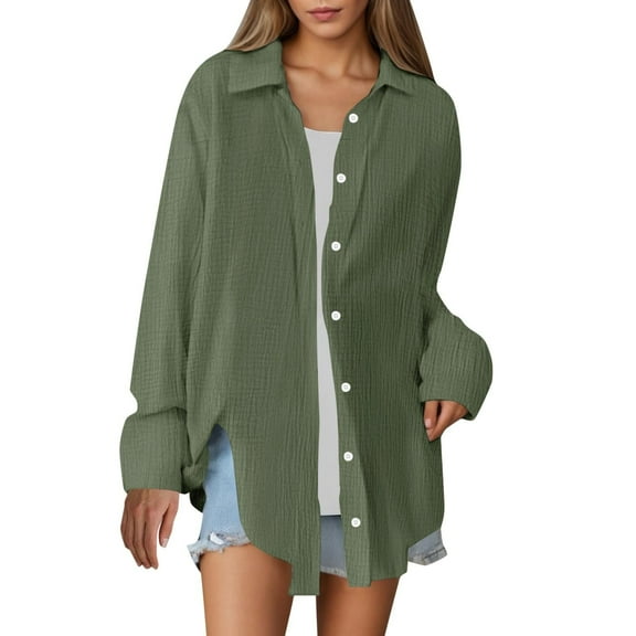 Olyvenn Women's Oversized Button Down Shirts Business Casual Long Sleeve Blouse Work Striped Tops Collared Cotton Linen Blouse Army Green S