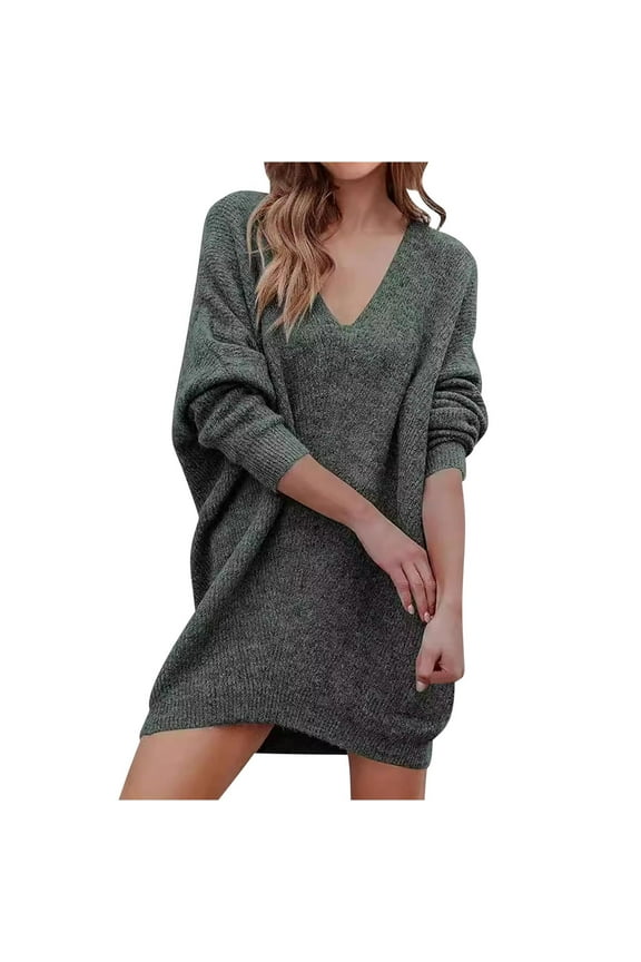 Women's Oversized Casual Sweater, Fall V-Neck Long Sleeve Warm Sweaters Solid Color Pullover Fashion Knit Jumper Top Dark Gray M