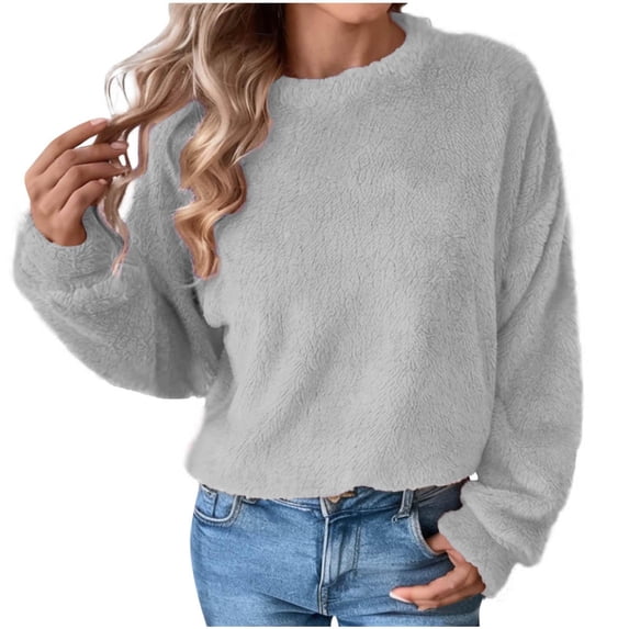 Olyvenn Women's Oversized Crewneck Long Sleeve Fuzzy Knit Casual Chunky Warm 2025 Spring Pullover Sweaters Top Trendy Outfits Gray 20-22