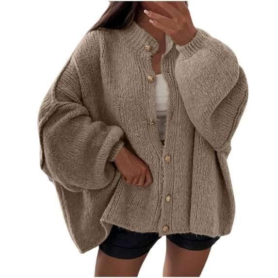 Olyvenn Women's Oversized Long Cardigan, Long Sleeve Button Down Cable Knit Sweater Pullover Casual Comfy Sweaters Coat Khaki L