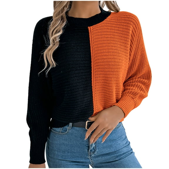 Olyvenn Women's Oversized Patchwork Sweaters Crew Neck Pullover Loose Long Sleeve Ribbed Knit Color Block Sweater Jumper Tops Orange M