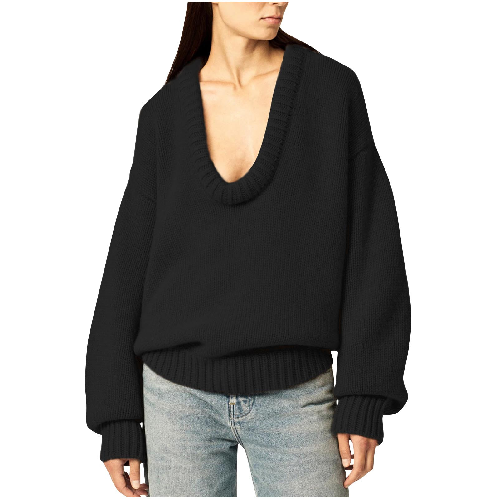 Olyvenn Women's Oversized Scoop Neck Pullover Sweater Long Sleeve Knitted Sweater Chunky Trendy Fall Winter Sweater Tops Black M