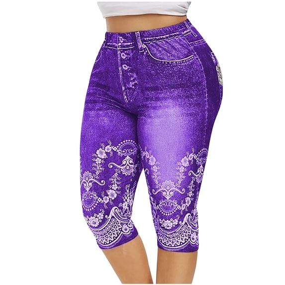 Olyvenn Women's Oversized Trendy Temperament Printed Sports Active Leggings Paired With Hip Lifting Yoga Capris Comfy Holiday Female Dressy Fashion Purple 12