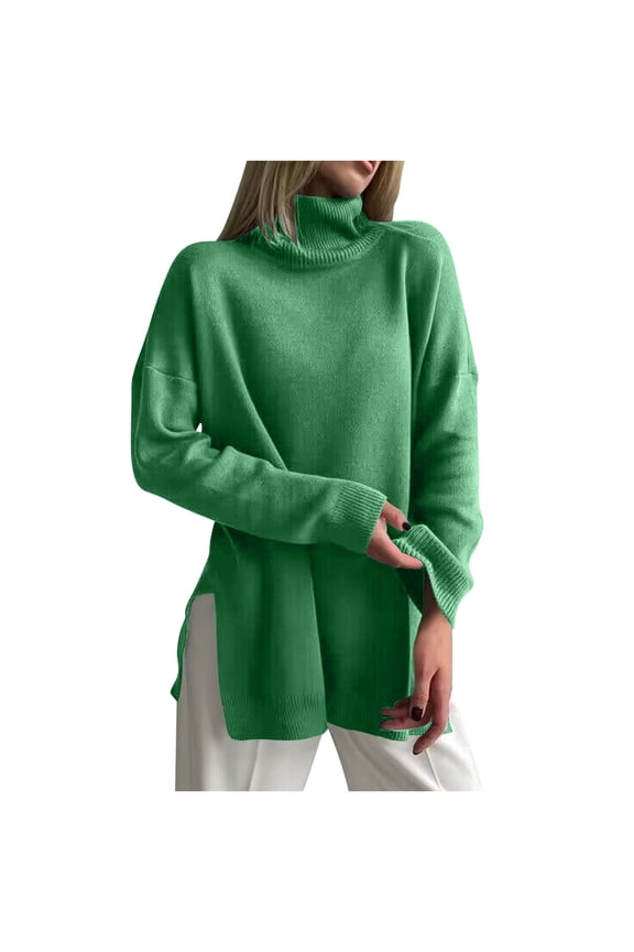 Women's Oversized Turtleneck Sweaters Fall Casual Loose Batwing Sleeve Split Hem Pullovers Knit Sweater Tops Green XL
