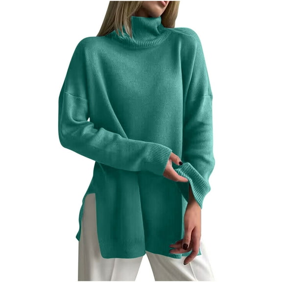 Olyvenn Women's Oversized Turtleneck Sweaters Fall Casual Loose Batwing Sleeve Split Hem Pullovers Knit Sweater Tops Mint Green XL