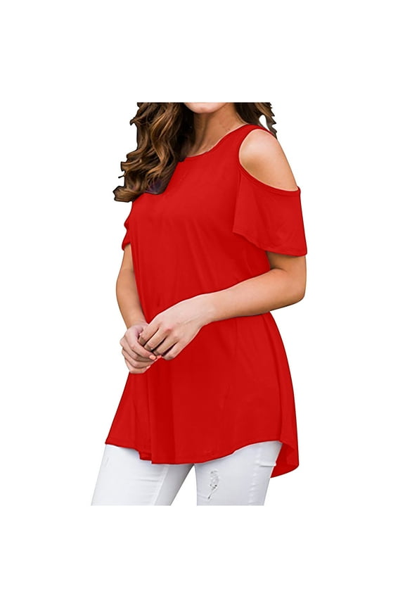 Women's Peplum Tops Casual Blouse Off Shoulder Short Sleeve Tees Vintage Solid Summer Tops Crew Neck Shirts Ruffle Beach Relaxed Dressy Blouse Workout 2023 Trendy Fashion Red 6