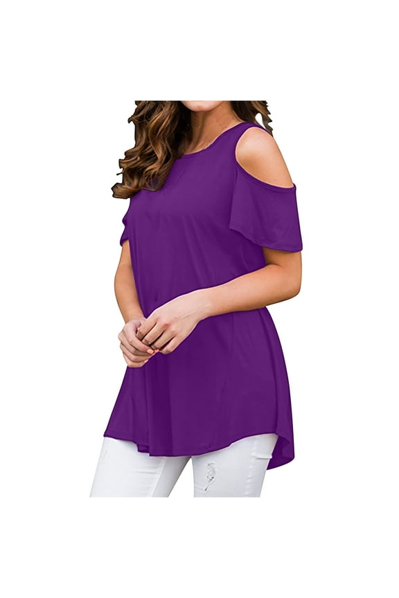 Women's Peplum Tops Casual Blouse Off Shoulder Short Sleeve Tees Vintage Solid Summer Tops Crew Neck Shirts Ruffle Beach Relaxed Dressy Blouse Workout 2023 Trendy Fashion Purple 12