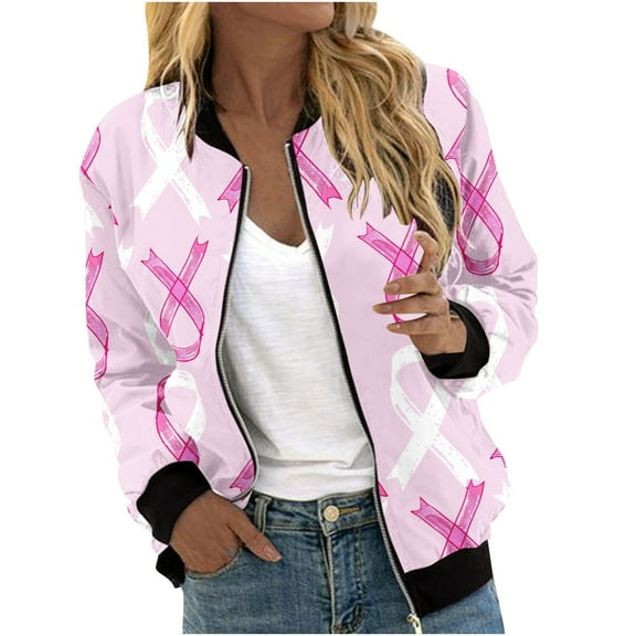 Olyvenn Women's Pink Ribbon Bomber Jacket Long Sleeve Lightweight Zip Up Printed Outwear Soft Breathable Fashion Fall Winter Spring Coat Pink 8