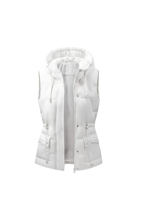 Women's Plus Drawstring Solid Color Vest Coat Pocket Zipper Hooded Jacket Sleeveless Hooded Casual Female Outwear White M
