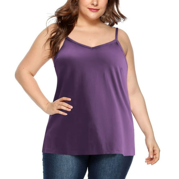Olyvenn Women's Plus Size Camisole Tops Adjustable Spaghetti Strap Built in Bra Cami Tank Tops Relaxed Fit Cotton Undershirts Purple XL