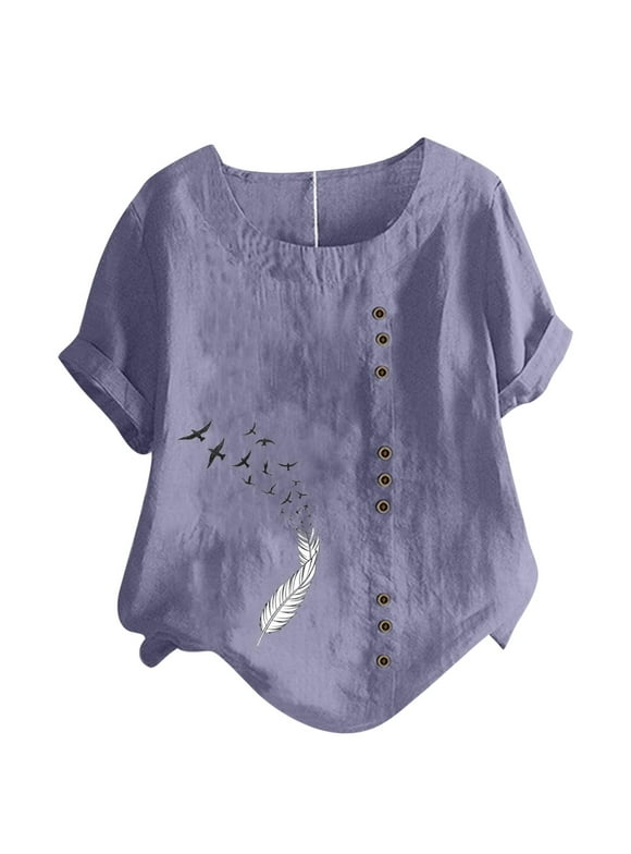 Olyvenn Women's Plus Size Cotton Linen Blouse Shirts Ruffle Short Sleeve Tees Funny Feather Birds Summer Tops Crew Neck Shirts Large Size Loose Casual Relaxed Blouse 2023 Trendy Purple 16