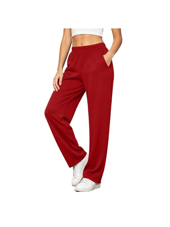 Women's Plus Size Elastic Waist Pants, Solid Color, Casual Long Trousers with Pockets Red XXL