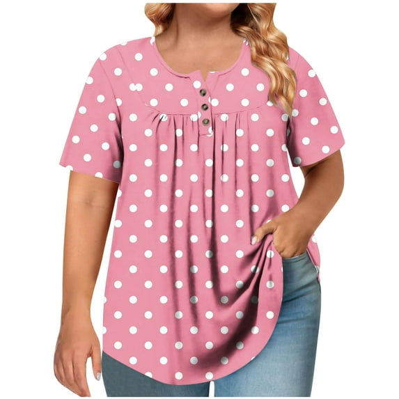 Olyvenn Women's Plus Size Henley Shirts Polka Dot Print Summer Tops Buttons Crewneck Pleated Buttons Up Tunics Pink XXXXXL