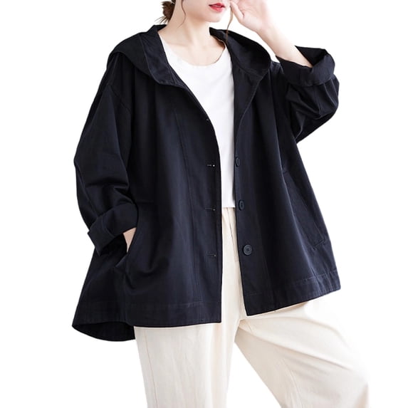 Olyvenn Women's Plus Size Hooded Jackets Fashion Spring Fall Coats Casual Fashion Travel Lightweight Fall Jackets Outerwear Black M