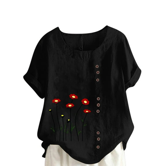 Olyvenn Women's Plus Size Linen Tops Short Sleeve Button Down Shirts Casual Summer Blouses Round Neck Tunic Tops Resort Wear Black S