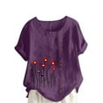 thumbnail image 1 of Olyvenn Women's Plus Size Linen Tops Short Sleeve Button Down Shirts Casual Summer Blouses Round Neck Tunic Tops Resort Wear Purple XXL, 1 of 4